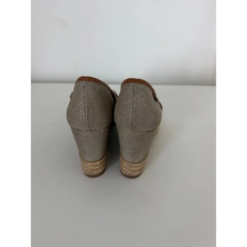 Tory Burch Womens Majorca Espadrille Wedges Neutral Canvas Leather Size 38/7-7.5